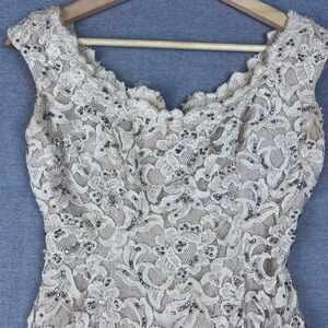 Vintage 1950s 1960s White Tan Cocktail Party Dress w/ Rhinestone Accents
